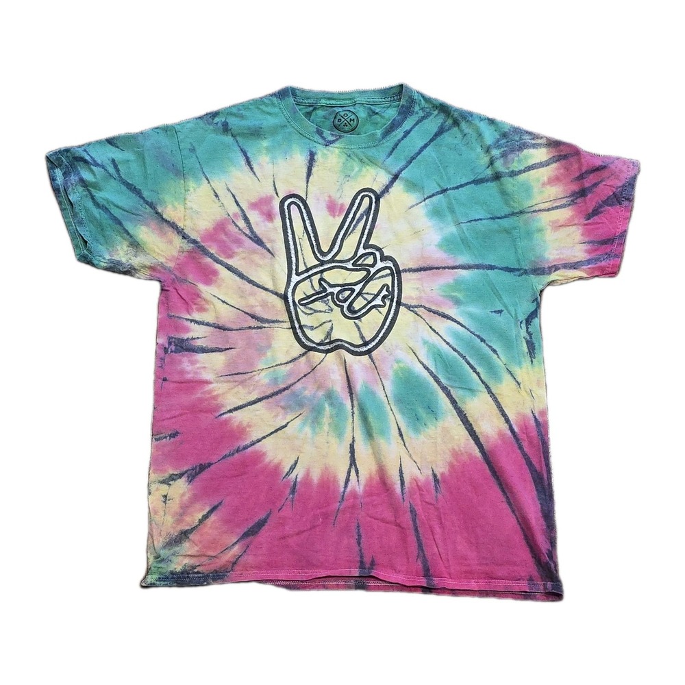 DOM Tie Dye T-Shirt Size L Peace Sign Graphic Rainbow Spiral 100%‎ Cotton